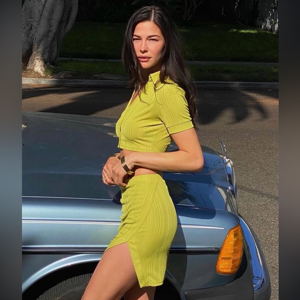 Camila Coelho Lime Green Ribbed Mini Dress Set